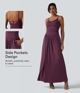 Breezeful™ Backless Adjustable Straps Ruched Built-in Bra Flowy Maxi Quick Dry Bridesmaid and Wedding Guest Slip Dress with Pockets Breezeful™ Backless Adjustable Straps Ruched Built-in Bra Flowy Maxi Quick Dry Bridesmaid and Wedding Guest Slip Dress with Pockets