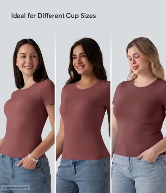 Camiseta casual de manga corta con escote redondo y sujetador integrado, copas B-DD Camiseta casual de manga corta con escote redondo y sujetador integrado, copas B-DD