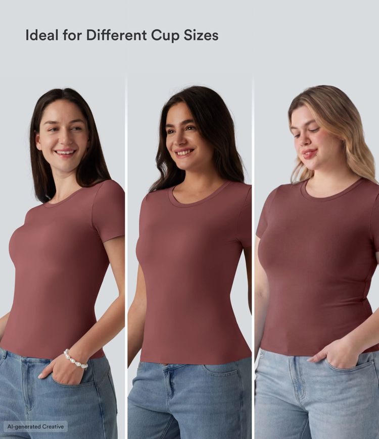 Camiseta casual de manga corta con escote redondo y sujetador integrado, copas B-DD Camiseta casual de manga corta con escote redondo y sujetador integrado, copas B-DD