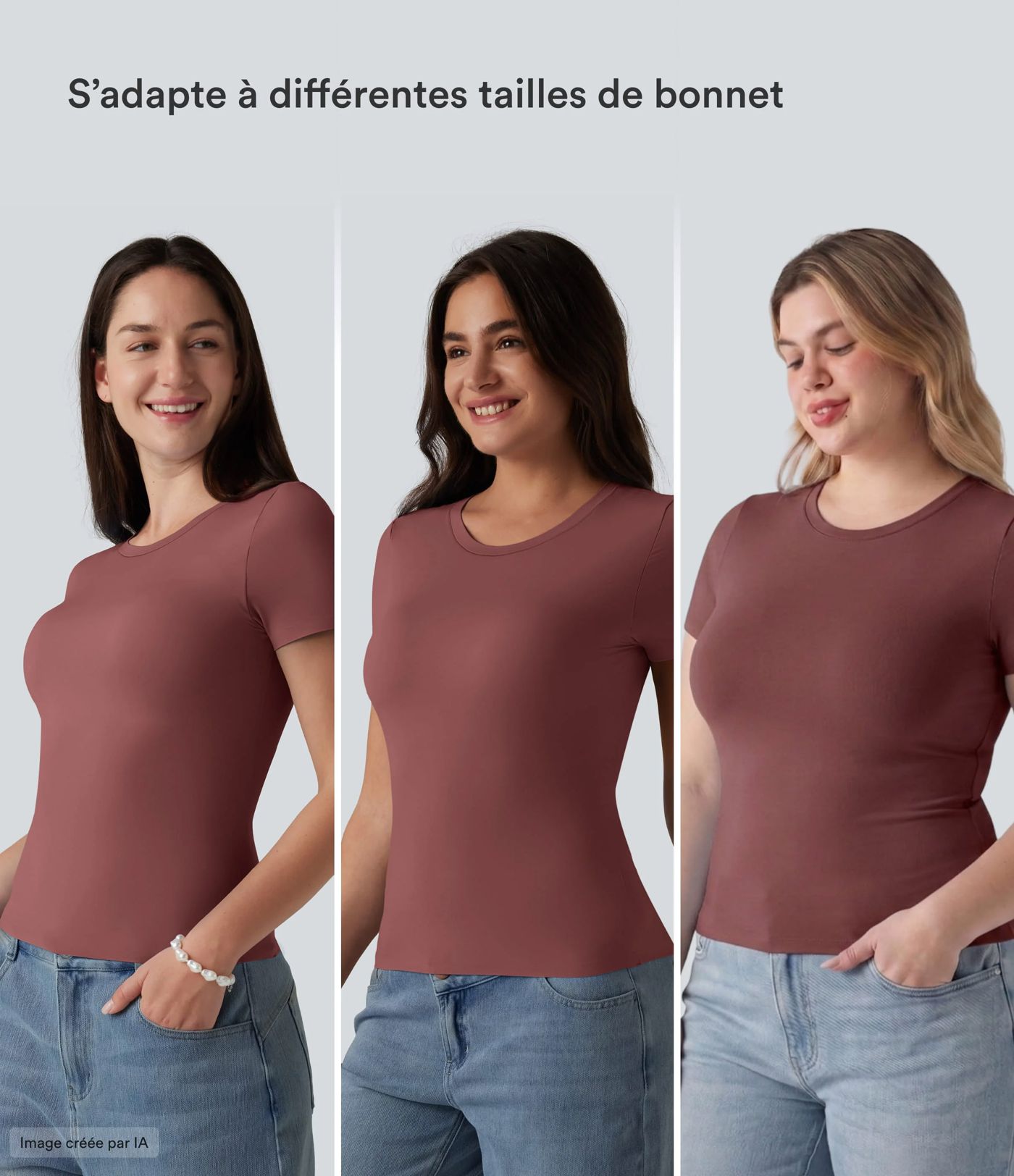 T-shirt décontracté col rond échancré à manches courtes avec soutien-gorge intégré bonnets B-DD T-shirt décontracté col rond échancré à manches courtes avec soutien-gorge intégré bonnets B-DD
