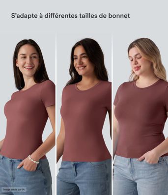 T-shirt décontracté col rond échancré à manches courtes avec soutien-gorge intégré bonnets B-DD T-shirt décontracté col rond échancré à manches courtes avec soutien-gorge intégré bonnets B-DD