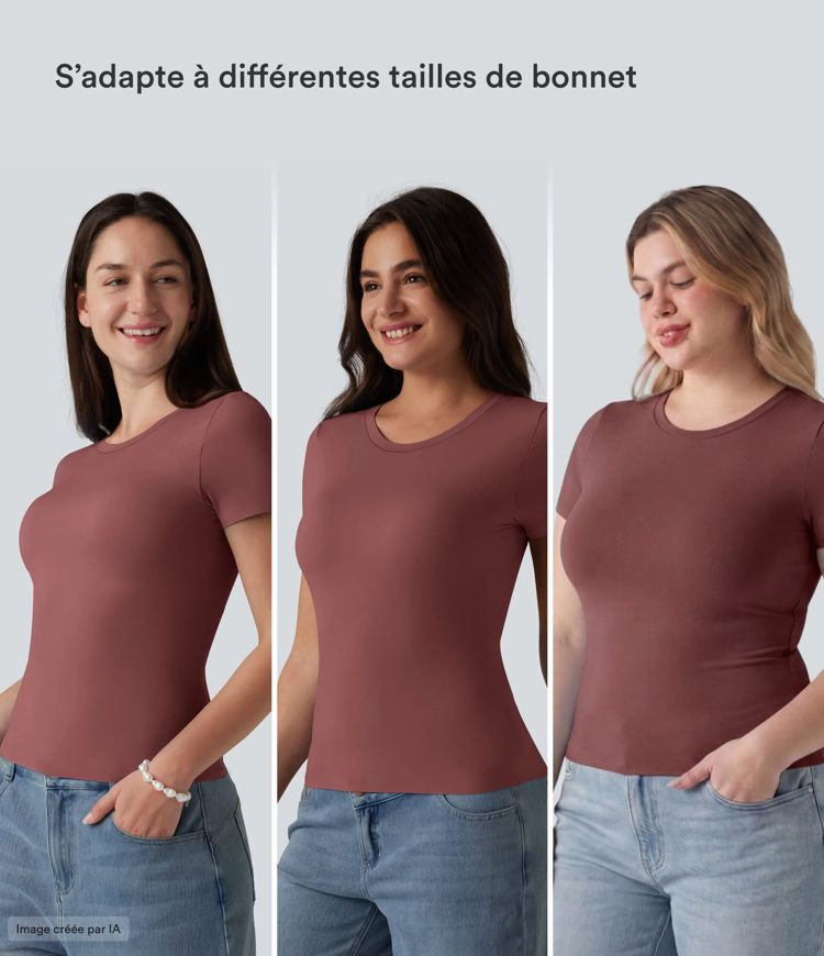 T-shirt décontracté col rond échancré à manches courtes avec soutien-gorge intégré bonnets B-DD T-shirt décontracté col rond échancré à manches courtes avec soutien-gorge intégré bonnets B-DD