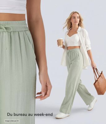 Pantalon large fluide taille haute avec cordon de serrage, poches latérales et aspect lin