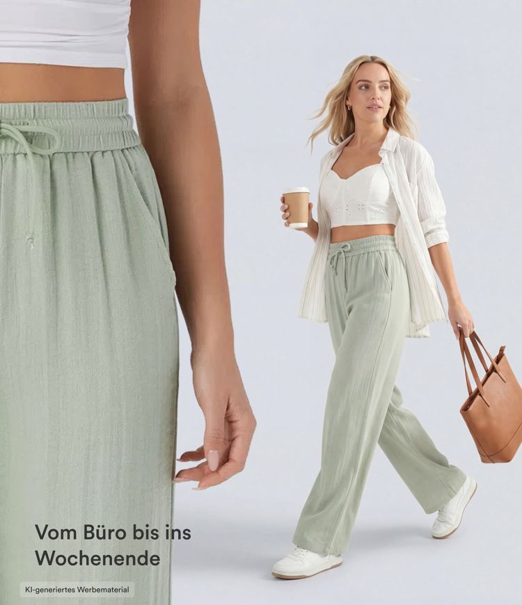 Lässige Hose mit Leinengefühl, hoher Taille, Kordelzug an der Seite und weitem Bein Lässige Hose mit Leinengefühl, hoher Taille, Kordelzug an der Seite und weitem Bein