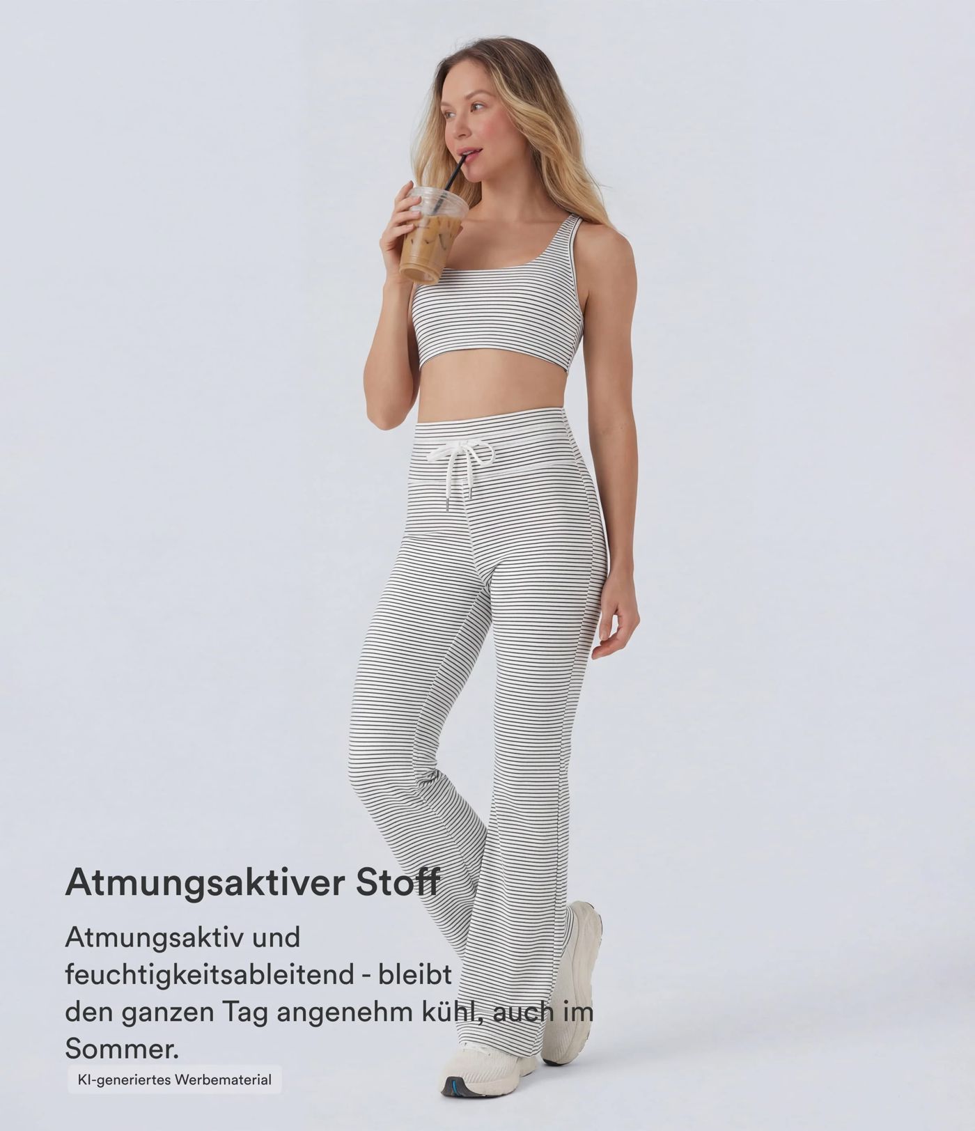 Yoga-Schlaghose mit hohem Bund, Kordelzug und Streifen Yoga-Schlaghose mit hohem Bund, Kordelzug und Streifen