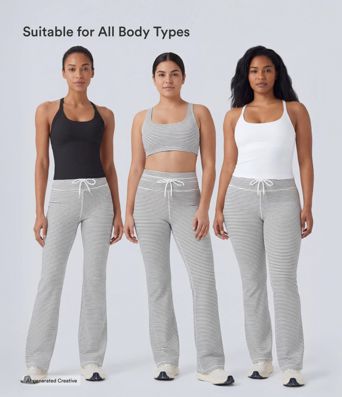 High Waisted Drawstring Stripe Flare Yoga Pants with Pockets