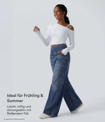 Halara Flex™ - Lässige, gewaschene Baggy-Jeans aus drapiertem Lyocell mit mittelhohem Bund, mehreren Taschen und weitem Bein