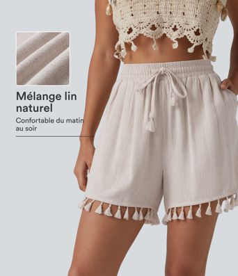 Hoch taillierte, mit Kordelzug und Fransensaum versehene, im Resort-Stil gefertigte, locker sitzende Shorts aus Leinenmischung mit Taschen