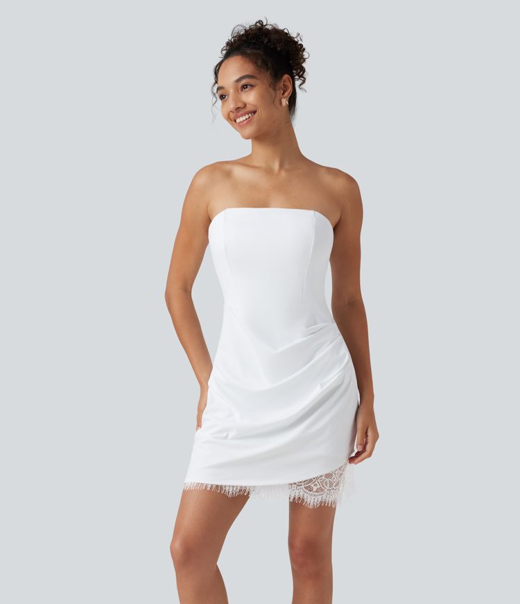 Robe nuisette mini avec brassière intégrée et dentelle contrastante en SoftlyZero™ Airy à toucher frais - UPF50+