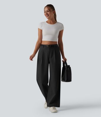 High Waisted Straight Leg Work Chino Cotton Pants with Pockets