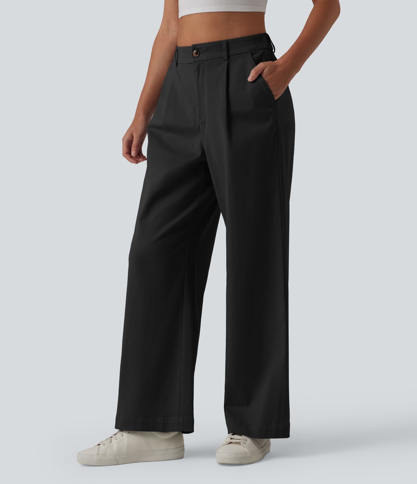 High Waisted Straight Leg Work Chino Cotton Pants with Pockets