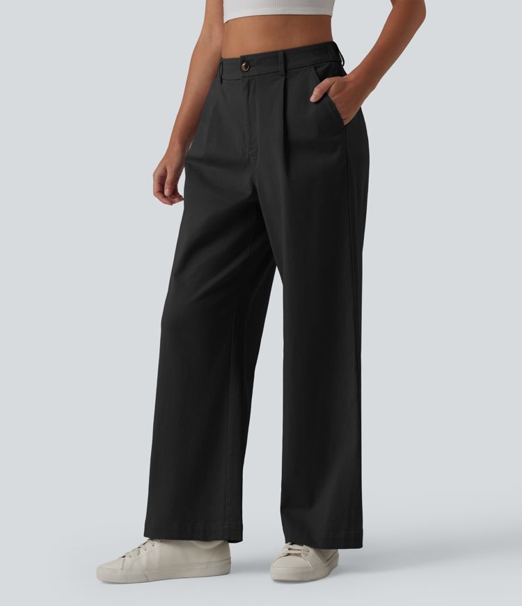 High Waisted Straight Leg Work Chino Cotton Pants with Pockets