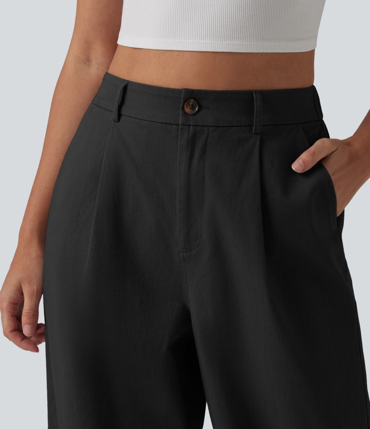 High Waisted Straight Leg Work Chino Cotton Pants with Pockets