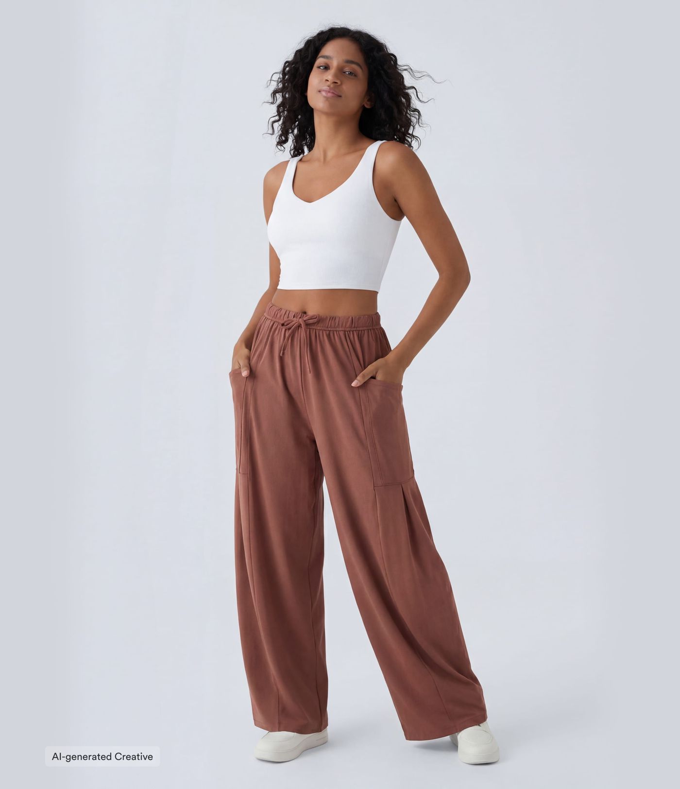 Pantalón pierna ancha fluido palazzo bolsillo lateral cordón ajustable cintura elástica tiro medio Pantalón pierna ancha fluido palazzo bolsillo lateral cordón ajustable cintura elástica tiro medio