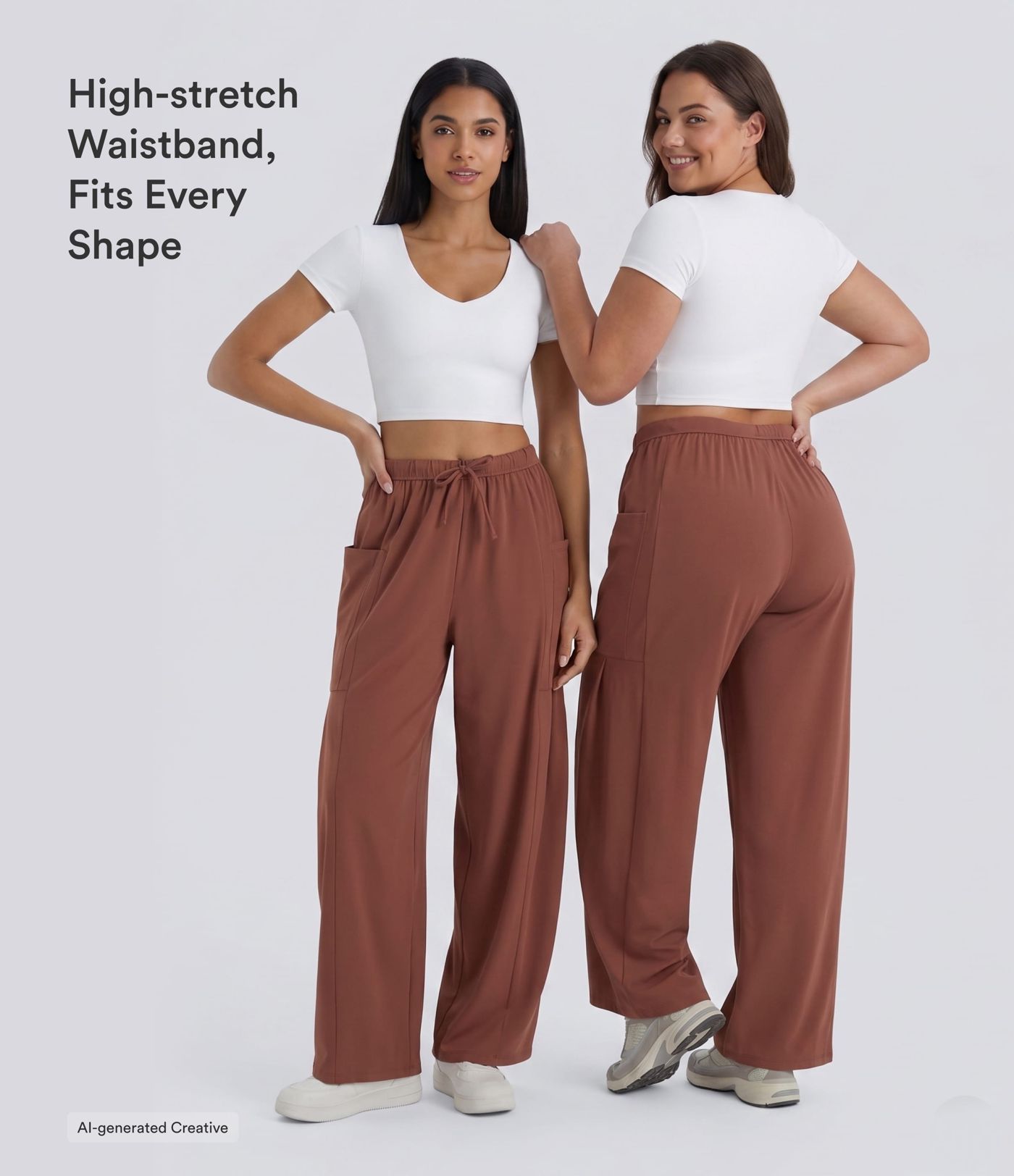 Pantalón pierna ancha fluido palazzo bolsillo lateral cordón ajustable cintura elástica tiro medio Pantalón pierna ancha fluido palazzo bolsillo lateral cordón ajustable cintura elástica tiro medio