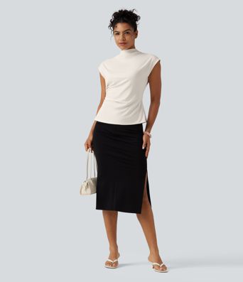 Mock Neck Cap Sleeve Tie Back Ruched Work Blouse Mock Neck Cap Sleeve Tie Back Ruched Work Blouse
