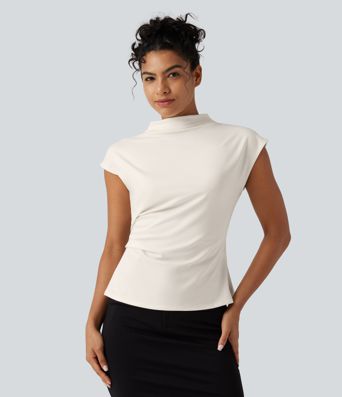 Mock Neck Cap Sleeve Tie Back Ruched Work Blouse Mock Neck Cap Sleeve Tie Back Ruched Work Blouse