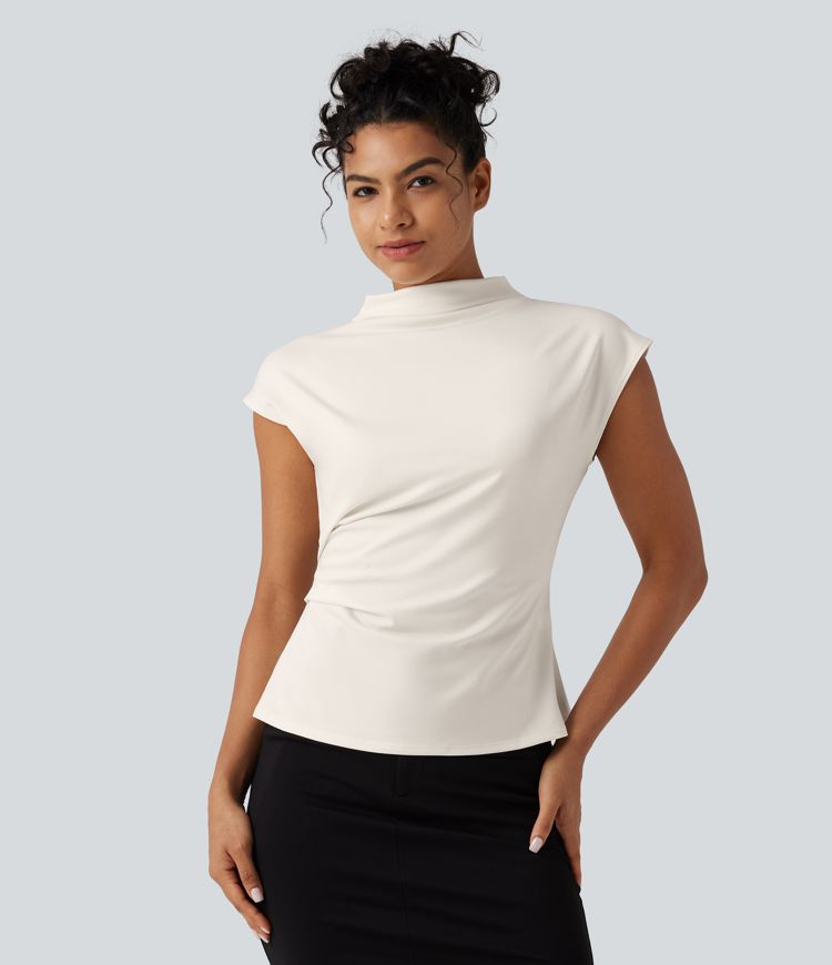 Mock Neck Cap Sleeve Tie Back Ruched Work Blouse Mock Neck Cap Sleeve Tie Back Ruched Work Blouse