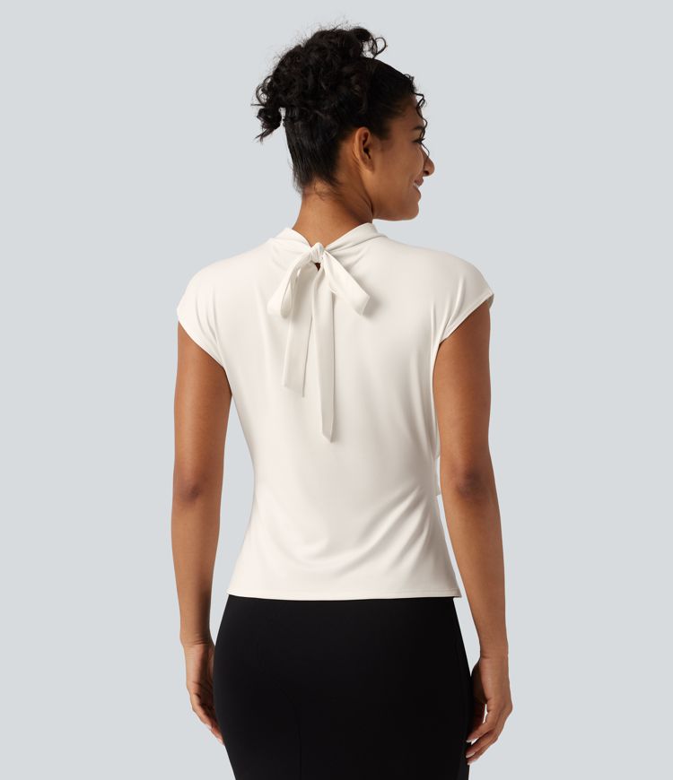 Mock Neck Cap Sleeve Tie Back Ruched Work Blouse Mock Neck Cap Sleeve Tie Back Ruched Work Blouse