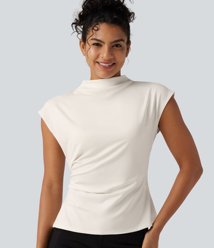 Mock Neck Cap Sleeve Tie Back Ruched Work Blouse Mock Neck Cap Sleeve Tie Back Ruched Work Blouse