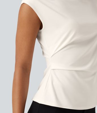 Mock Neck Cap Sleeve Tie Back Ruched Work Blouse Mock Neck Cap Sleeve Tie Back Ruched Work Blouse