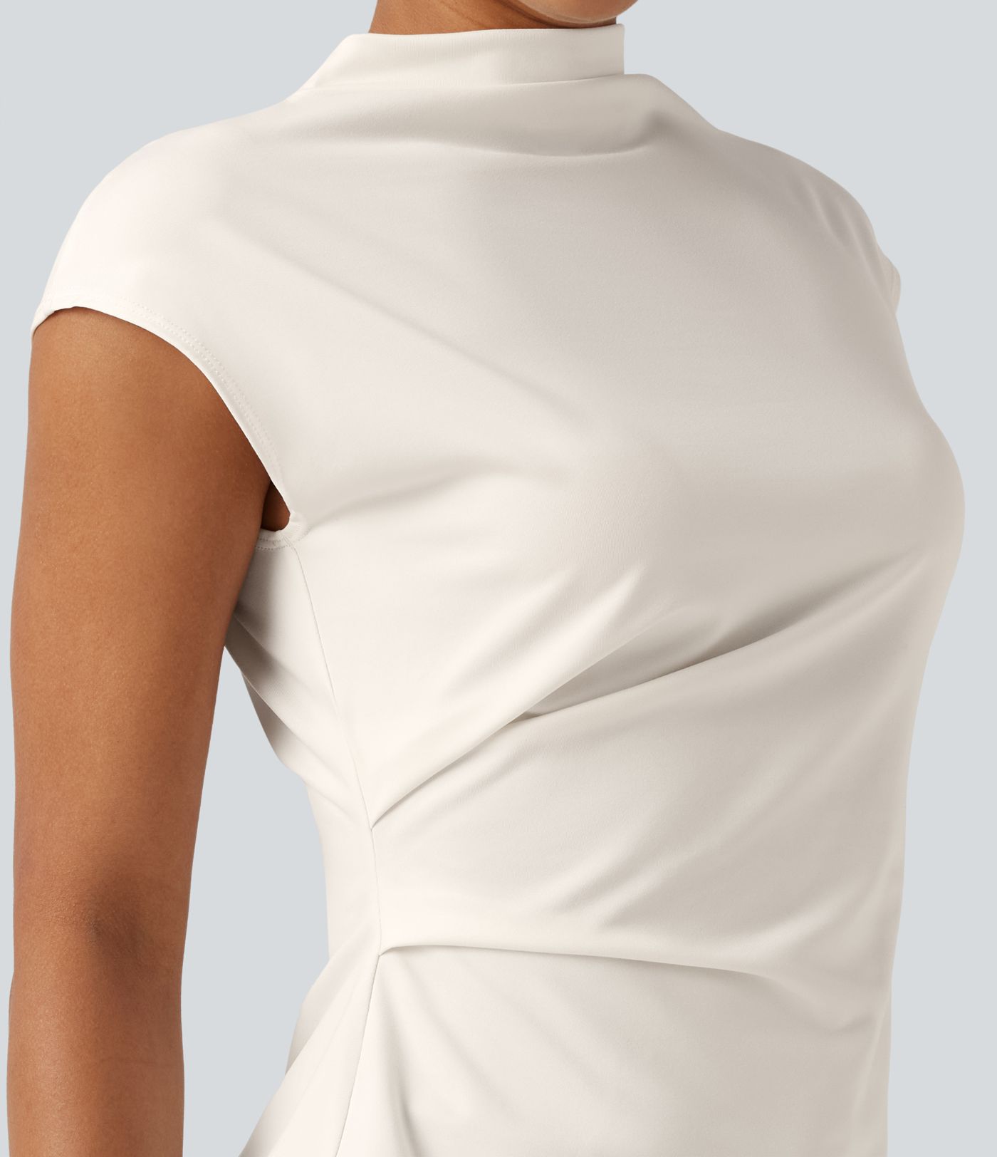 Mock Neck Cap Sleeve Tie Back Ruched Work Blouse Mock Neck Cap Sleeve Tie Back Ruched Work Blouse