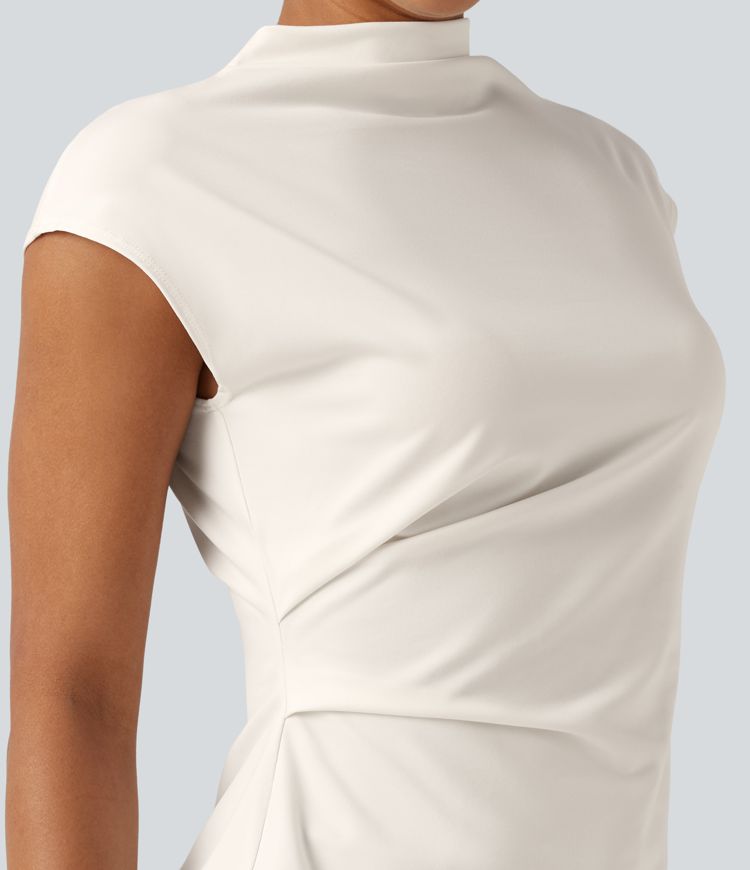 Mock Neck Cap Sleeve Tie Back Ruched Work Blouse Mock Neck Cap Sleeve Tie Back Ruched Work Blouse