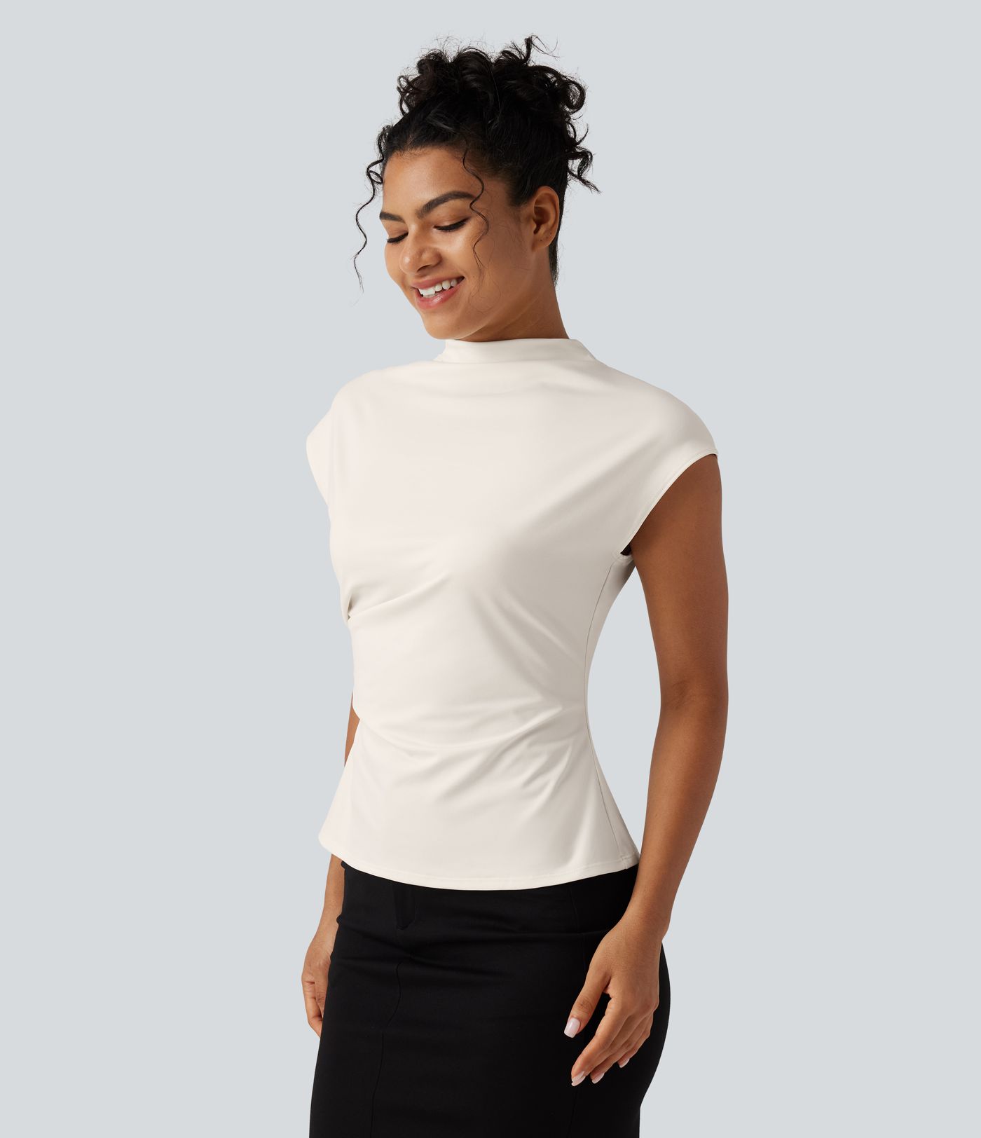 Mock Neck Cap Sleeve Tie Back Ruched Work Blouse Mock Neck Cap Sleeve Tie Back Ruched Work Blouse