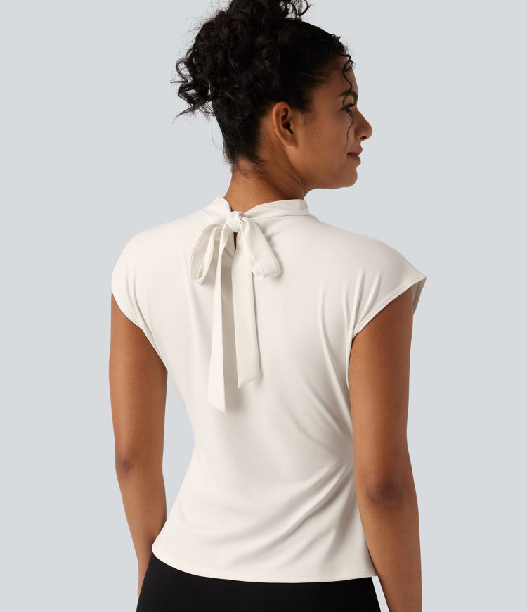 Mock Neck Cap Sleeve Tie Back Ruched Work Blouse Mock Neck Cap Sleeve Tie Back Ruched Work Blouse