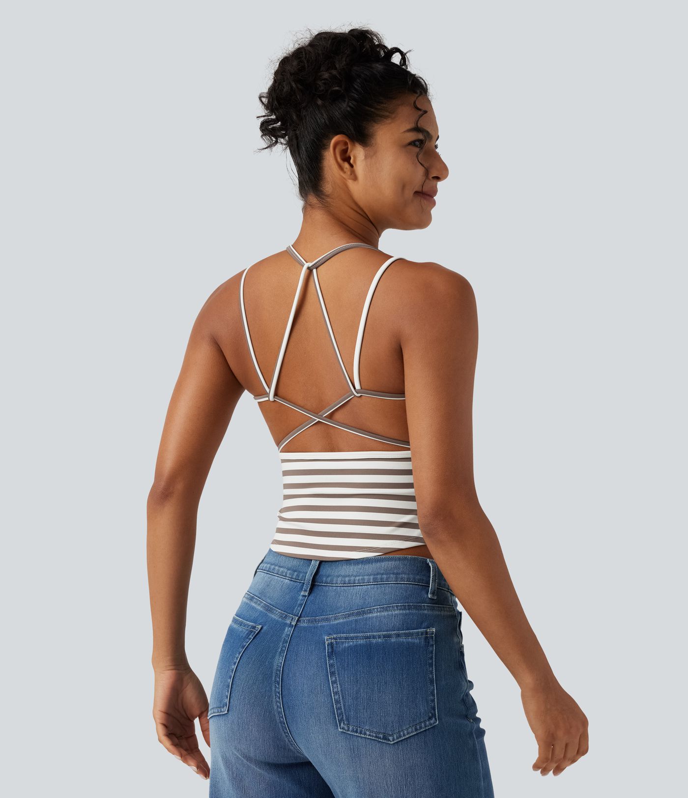 Lässiges Tanktop mit U-Ausschnitt, integriertem BH und Streifenmuster