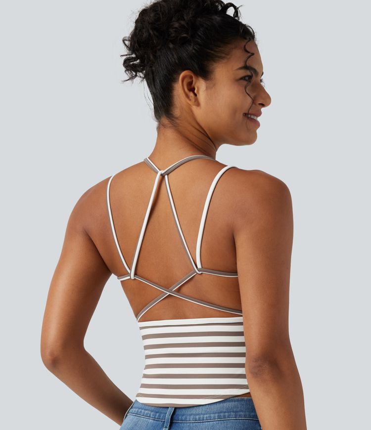 Lässiges Tanktop mit U-Ausschnitt, integriertem BH und Streifenmuster