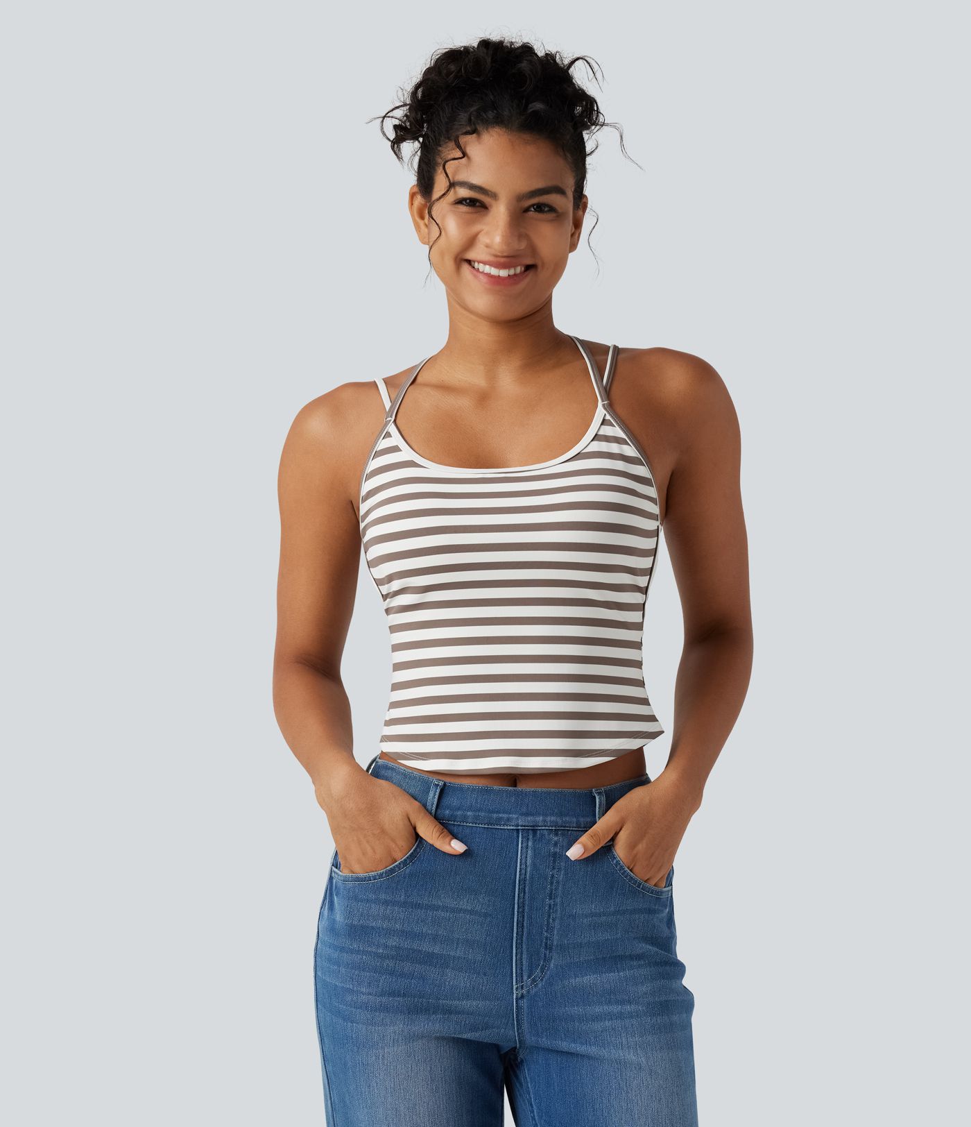Lässiges Tanktop mit U-Ausschnitt, integriertem BH und Streifenmuster