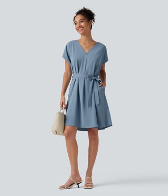 Wrinkle-Resistant V Neck Batwing Sleeve Belted Mini Work Dress with Pockets Wrinkle-Resistant V Neck Batwing Sleeve Belted Mini Work Dress with Pockets