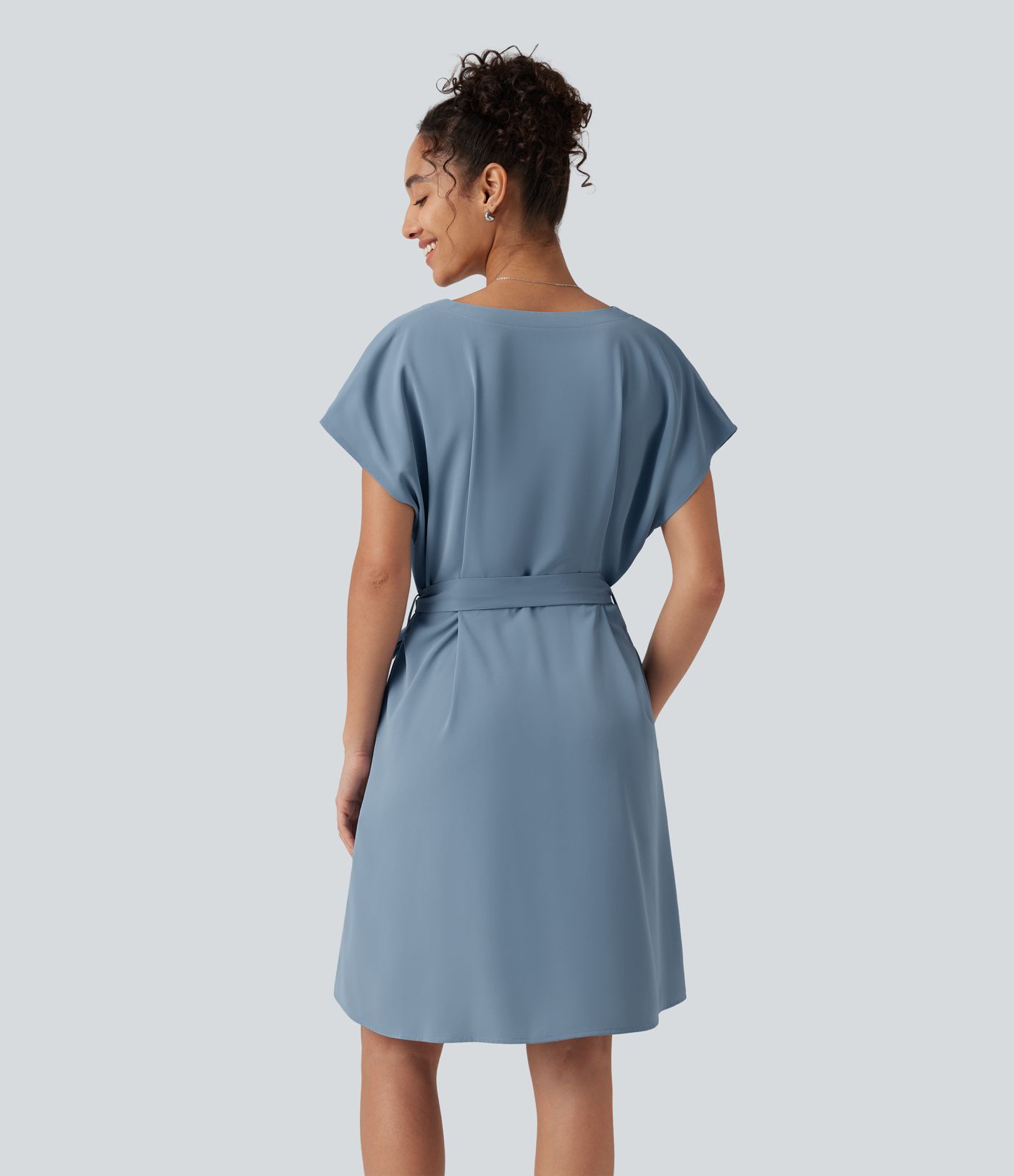 Wrinkle-Resistant V Neck Batwing Sleeve Belted Mini Work Dress with Pockets Wrinkle-Resistant V Neck Batwing Sleeve Belted Mini Work Dress with Pockets