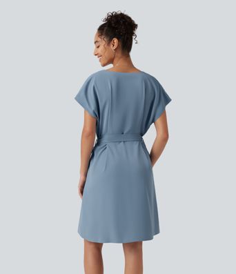Wrinkle-Resistant V Neck Batwing Sleeve Belted Mini Work Dress with Pockets Wrinkle-Resistant V Neck Batwing Sleeve Belted Mini Work Dress with Pockets