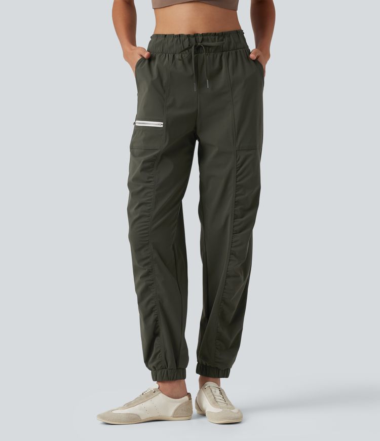 Mid Rise Drawstring Ruched Tapered Quick Dry InstantCool Running Joggers with Pockets-UPF40+