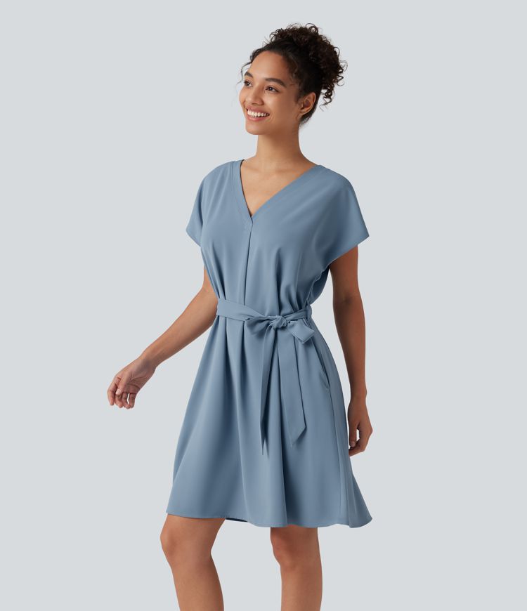 Wrinkle-Resistant V Neck Batwing Sleeve Belted Mini Work Dress with Pockets Wrinkle-Resistant V Neck Batwing Sleeve Belted Mini Work Dress with Pockets