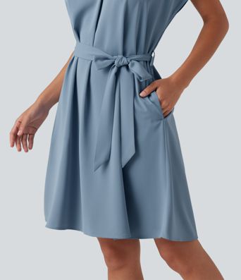 Wrinkle-Resistant V Neck Batwing Sleeve Belted Mini Work Dress with Pockets Wrinkle-Resistant V Neck Batwing Sleeve Belted Mini Work Dress with Pockets