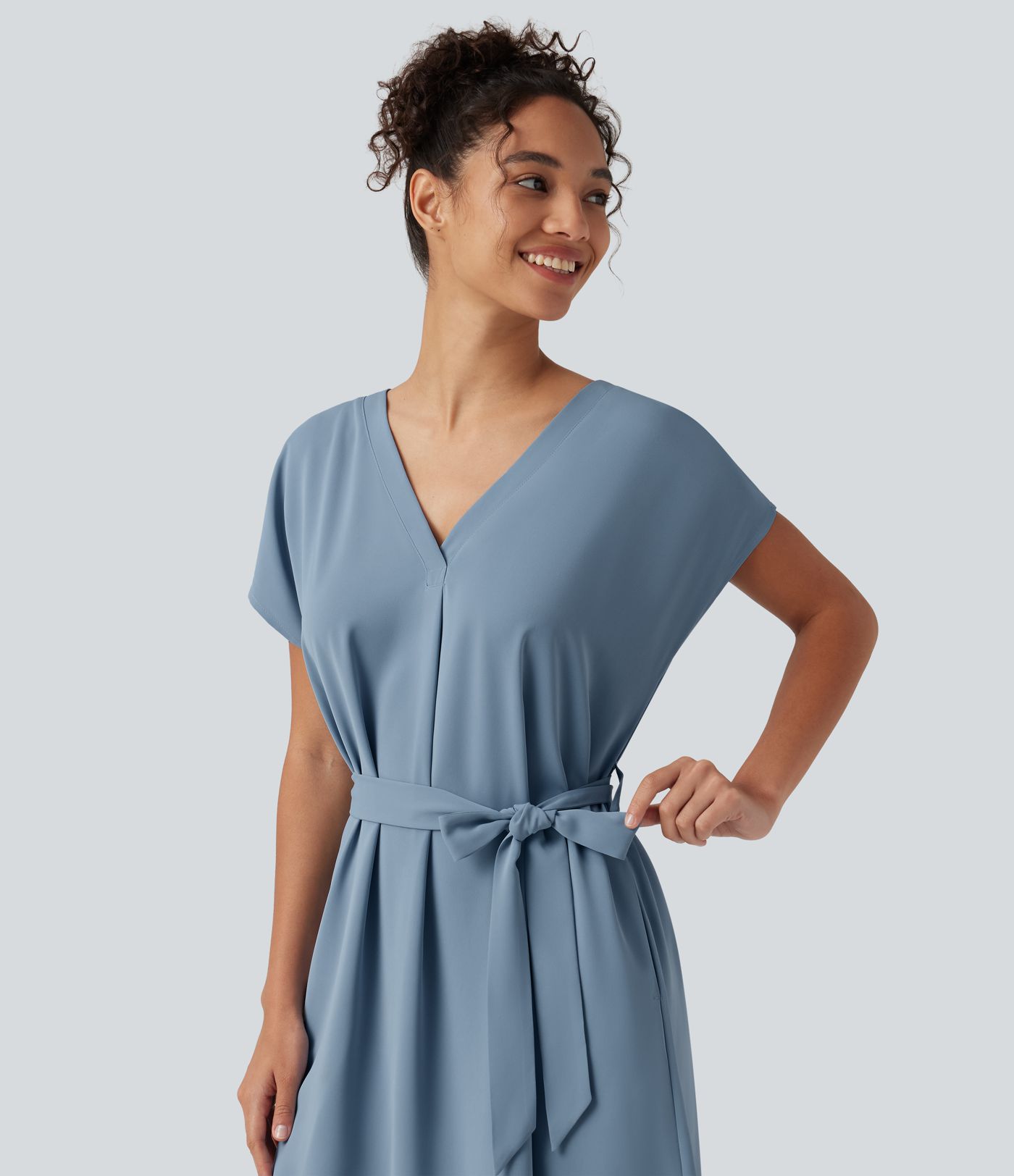 Wrinkle-Resistant V Neck Batwing Sleeve Belted Mini Work Dress with Pockets Wrinkle-Resistant V Neck Batwing Sleeve Belted Mini Work Dress with Pockets