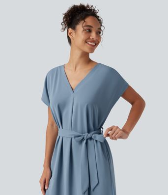 Wrinkle-Resistant V Neck Batwing Sleeve Belted Mini Work Dress with Pockets Wrinkle-Resistant V Neck Batwing Sleeve Belted Mini Work Dress with Pockets