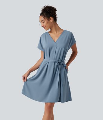 Wrinkle-Resistant V Neck Batwing Sleeve Belted Mini Work Dress with Pockets Wrinkle-Resistant V Neck Batwing Sleeve Belted Mini Work Dress with Pockets