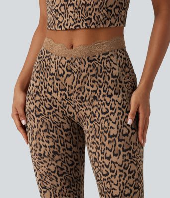 Halara UltraSculpt™ Leopard Print V-Shaped High Waisted Contrast Lace Yoga Flare Leggings with Pockets