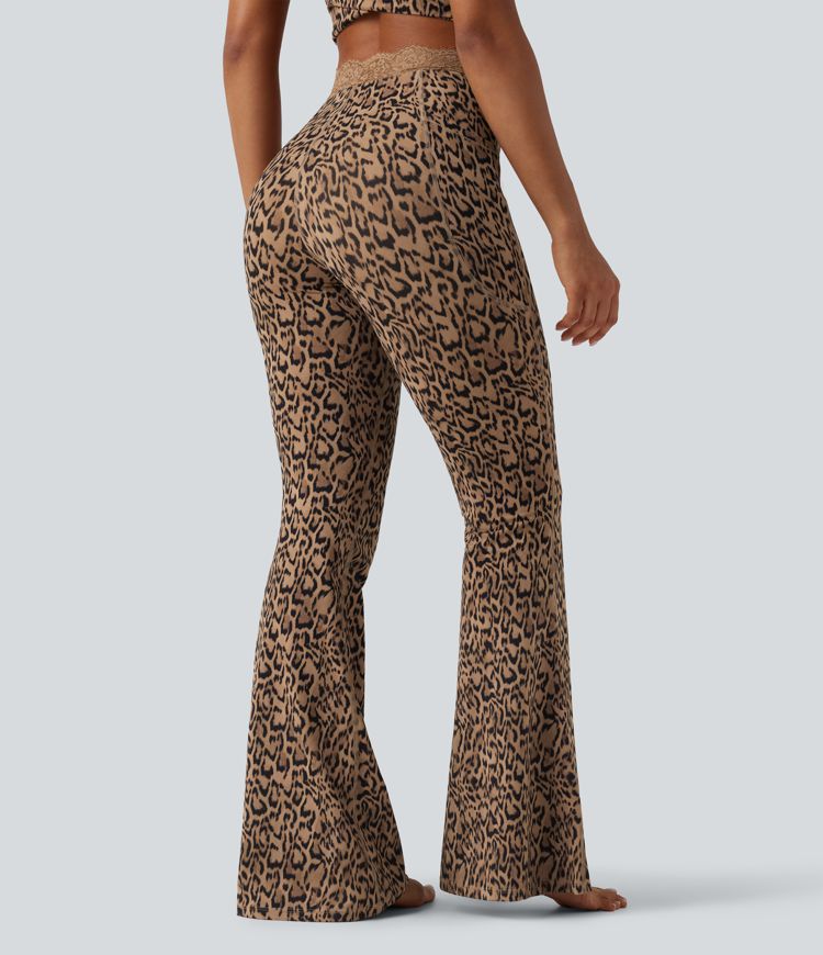 Halara UltraSculpt™ Leopard Print V-Shaped High Waisted Contrast Lace Yoga Flare Leggings with Pockets