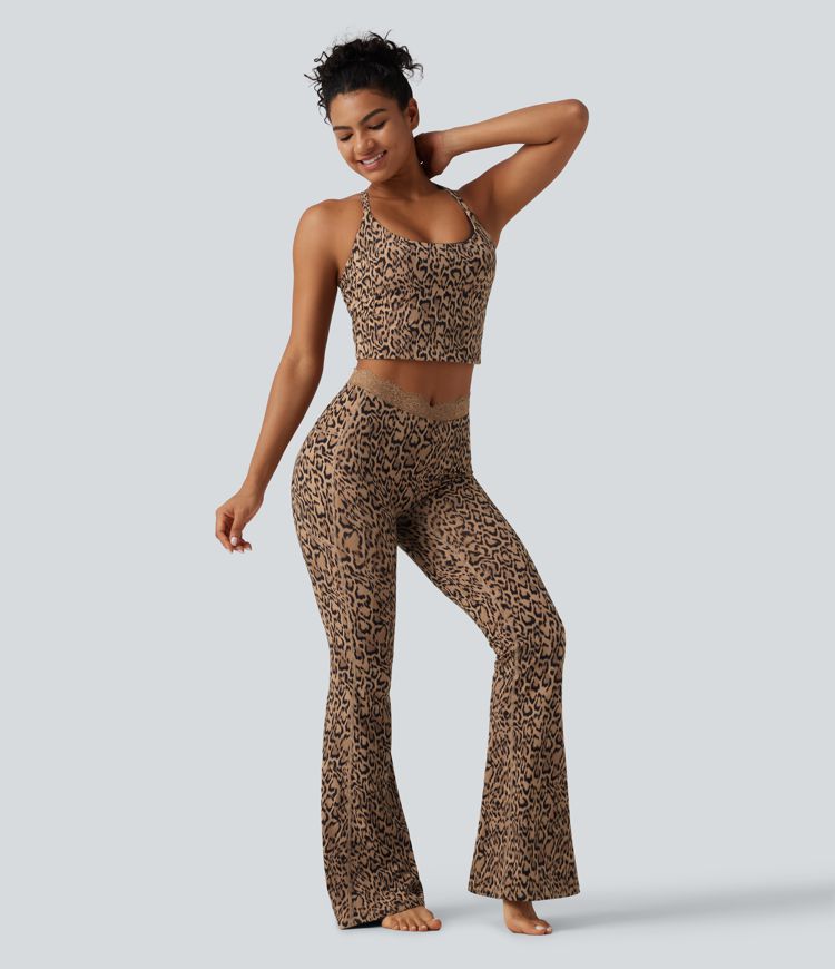 Halara UltraSculpt™ Leopard Print V-Shaped High Waisted Contrast Lace Yoga Flare Leggings with Pockets