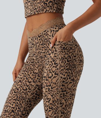 Halara UltraSculpt™ Leopard Print V-Shaped High Waisted Contrast Lace Yoga Flare Leggings with Pockets