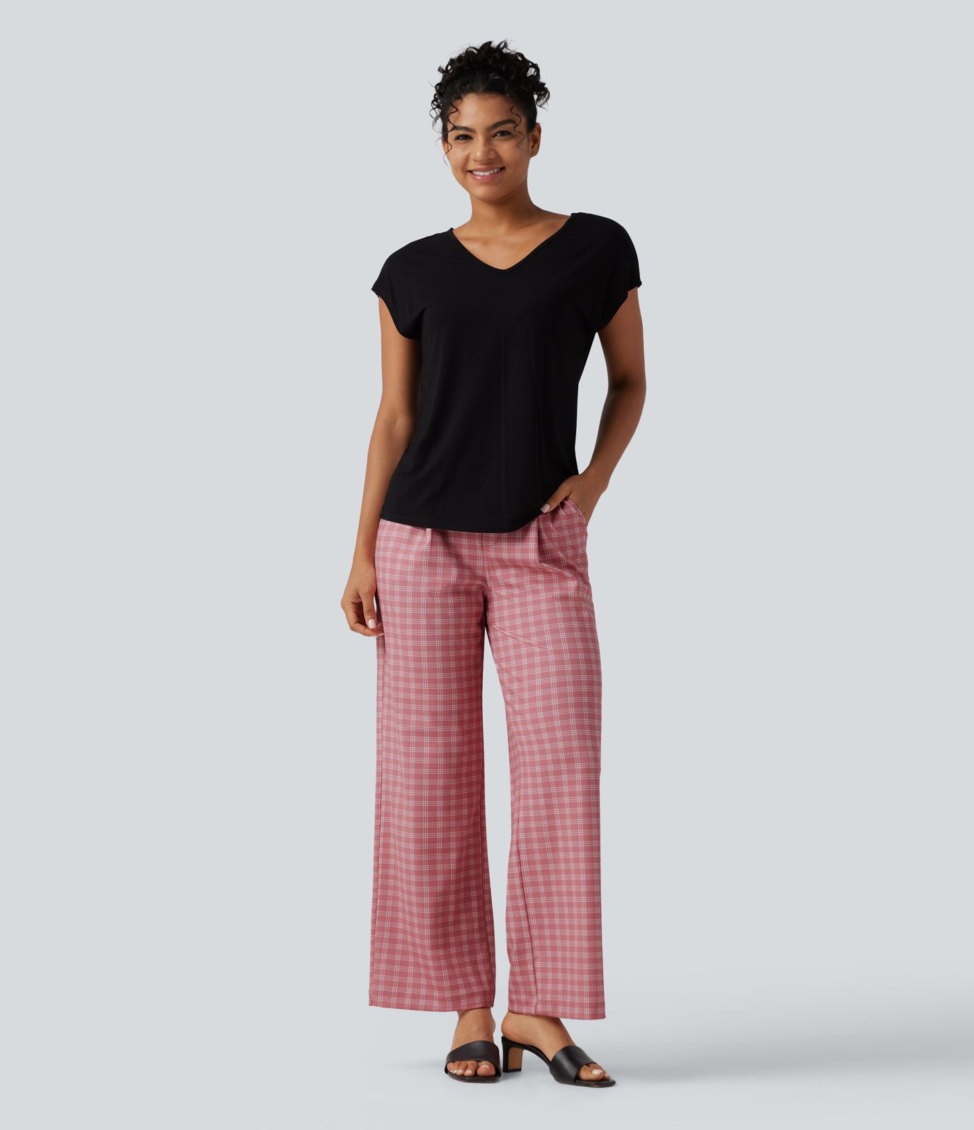 Halara Flex™ High Waisted Straight Leg Plaid Work Pants with Pockets