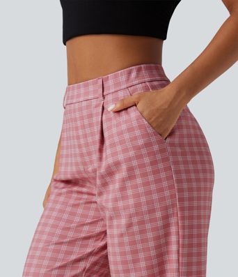 Halara Flex™ High Waisted Straight Leg Plaid Work Pants with Pockets