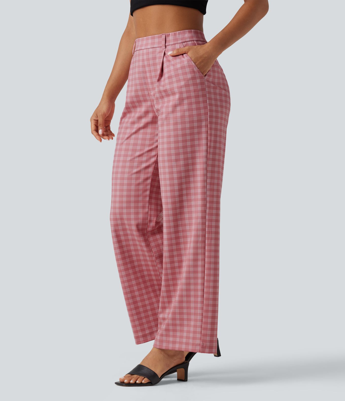 Halara Flex™ High Waisted Straight Leg Plaid Work Pants with Pockets