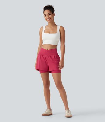 SoftlyZero™ Airy High Waisted Crossover 2-in-1 Cool Touch Yoga Shorts 5'' with Pockets