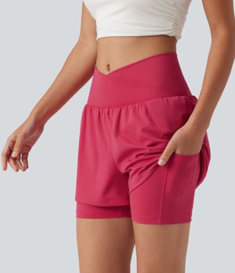 SoftlyZero™ Airy High Waisted Crossover 2-in-1 Cool Touch Yoga Shorts 5'' with Pockets